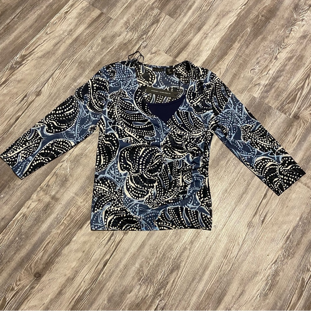 TAHARI 3/4 Sleeve Surplice V-Neck Mesh Top Detachable Cami Size M Navy Casual